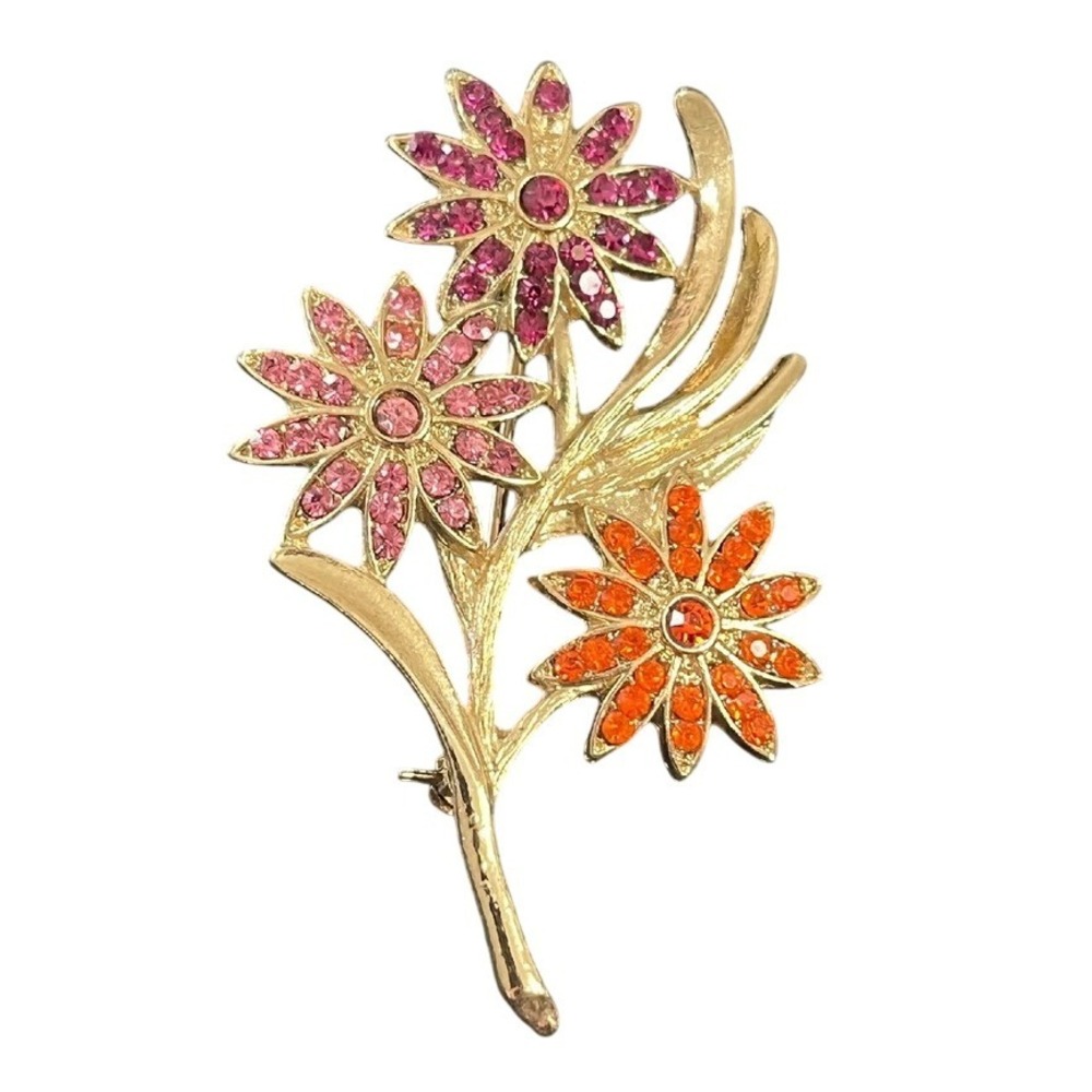 VTG Gold Tone Tri Floral Red Pink Orange Rhinestone Brooch Pin Read‎